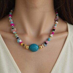 Tropical Paradise. Beaded polished gravel adjustable necklace. Turquoise accent